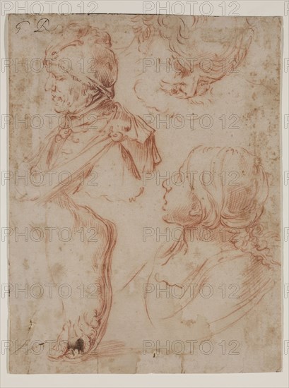Unknown (Italian), after Guido Reni, Italian, 1575-1642, Studies of Three Heads and a Foot, between 1650 and 1675, red chalk on buff antique laid paper, Sheet: 10 1/4 × 7 3/4 inches (26 × 19.7 cm)