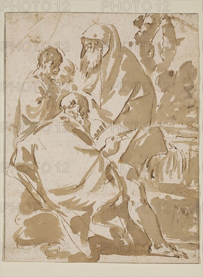 Giuseppe Maria Crespi, Italian, 1665-1747, Capriccio with Two Old Men and Two Youths, between 1665 and 1747, pen and brown ink and brown wash with traces of black chalk on buff antique laid paper, Sheet: 9 11/16 × 7 5/8 inches (24.6 × 19.4 cm)