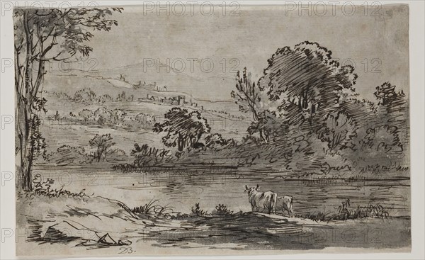 Jean Jacques de Boissieu, French, 1736-1810, Landscape with River, between 1736 and 1810, pen and brown ink and gray wash over graphite pencil on cream laid paper, Sheet: 5 × 8 13/16 inches (12.7 × 22.4 cm)