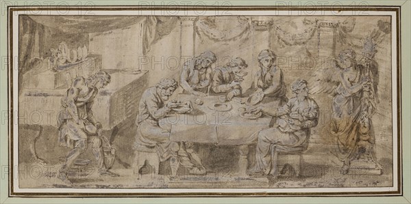 Unknown (Italian), after Giulio Romano, Italian, 1499-1546, A Family Meal, between mid and late 16th century, pen and brown-gray ink and brown-gray wash, heightened with white, on cream laid paper, Sheet: 5 1/2 × 11 3/4 inches (14 × 29.8 cm)