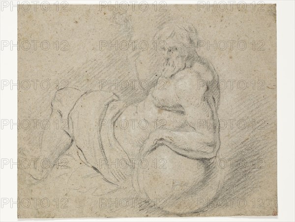 circle of Peter Paul Rubens, Flemish, 1577-1640, River God, between 1577 and 1640, black chalk, heightened with white on light brown paper, Sheet: 7 1/2 × 9 3/8 inches (19.1 × 23.8 cm)