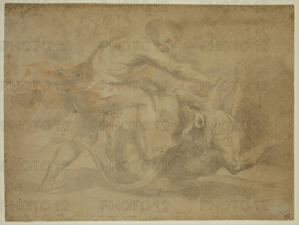 after Peter Paul Rubens, Flemish, 1577-1640, Samson Fighting the Lion, between 1577 and 1640, counterproof of black and red chalk heightened with white, on discolored laid paper, Sheet: 8 1/8 × 11 inches (20.6 × 27.9 cm)