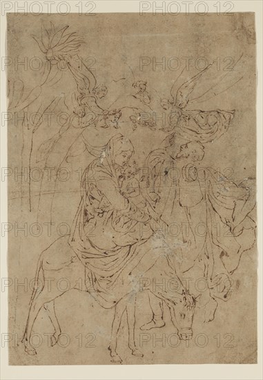 after Martin Schongauer, German, 1450-1491, The Flight into Egypt, 15th century, pen and brown ink on discolored laid paper, coated on verso with charcoal or black chalk, Sheet: 10 1/8 × 7 1/8 inches (25.7 × 18.1 cm)