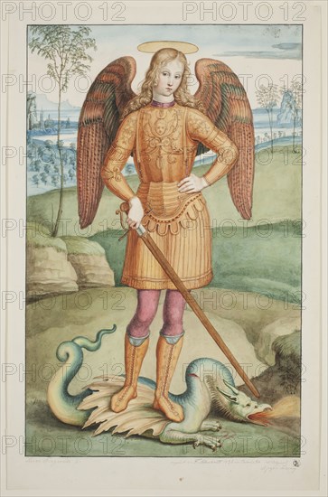 Franz August Schubert, German, 1806-1893, The Archangel Michael, 1836, watercolor over graphite pencil on cream wove paper, Sheet: 15 3/8 × 9 7/8 inches (39.1 × 25.1 cm)