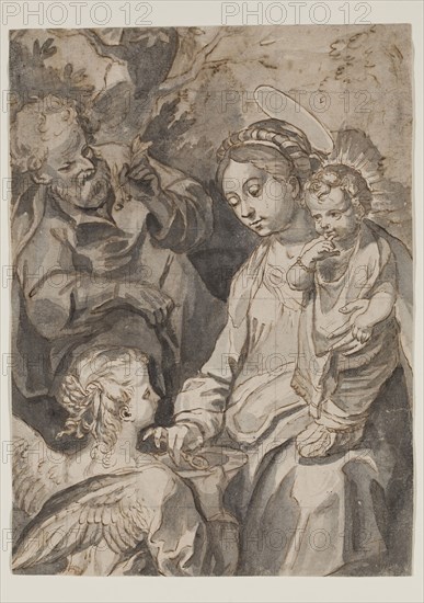 Giovanni Battista Cecchi, Italian, 1748-1807, Holy Family, between mid-18th and early 19th century, pen and brown ink and gray wash over red chalk on buff laid paper, squared for transfer with graphite that has been reinforced with white in some areas, Sheet: 9 11/16 × 7 1/8 inches (24.6 × 18.1 cm)