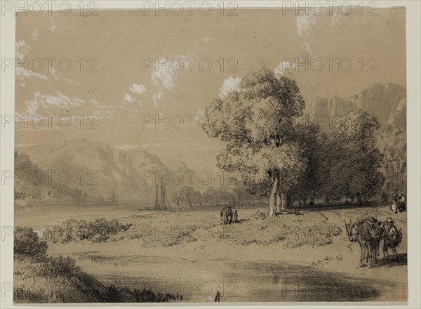 Eugène Edouard Soulès, French, 1811-1876, Landscape, 19th century, graphite pencil, black crayon and white gouache on tan paper, Sheet: 7 5/8 × 10 3/8 inches (19.4 × 26.4 cm)
