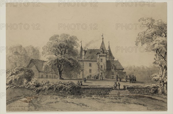Eugène Edouard Soulès, French, 1811-1876, Chateau de Chabrignac, 19th century, graphite pencil and brown wash with white on taupe wove paper, Sheet: 7 3/8 × 10 7/8 inches (18.7 × 27.6 cm)
