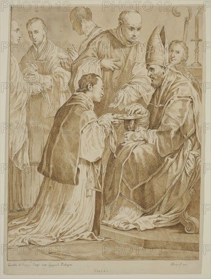 Unknown (Italian), The Sacrament of Ordination, 1754, pen and black ink with brown wash on buff antique laid paper, Sheet: 15 × 10 7/8 inches (38.1 × 27.6 cm)