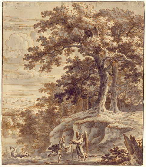 Jacques Rousseau, French, 1630 - 1693, Tobias and the Angel Encountering the Fish, mid-17th century, pen and brown ink and gray wash over graphite on laid paper, Sheet: 9 × 7 3/4 inches (22.9 × 19.7 cm)