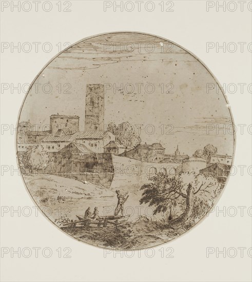 school of Giovanni Francesco Grimaldi, Italian, 1606-1680, Landscape with a Walled City, between late 17th and early 18th century, pen and brown ink on buff antique laid paper, Sheet (diameter): 7 3/16 inches (18.3 cm)