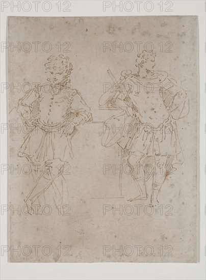 Donato Creti, Italian, 1671-1749, Two Male Figures, One in Ancient Military Dress, ca. 1700, pen and brown ink on dark buff laid paper, Sheet: 7 7/8 × 5 15/16 inches (20 × 15.1 cm)