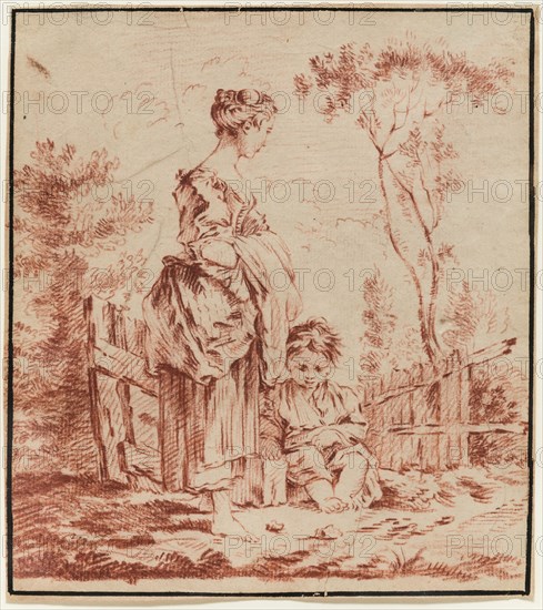 Unknown (French), after François Boucher, French, 1703-1770, Young Woman Standing with a Seated Child, 18th century, red chalk on dark cream laid paper, Sheet: 6 5/8 × 6 inches (16.8 × 15.2 cm)