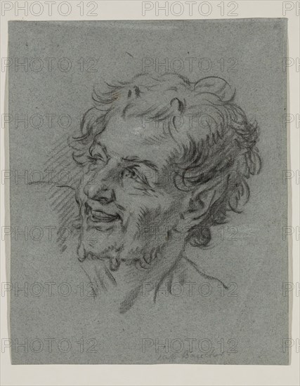 circle of Carle Van Loo, French, 1705-1765, Head of a Satyr, mid-18th century, black chalk with traces of white chalk on blue laid paper, Sheet: 8 7/8 × 7 3/16 inches (22.5 × 18.3 cm)