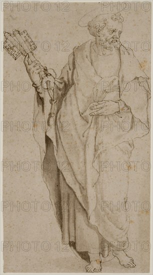 attributed to Orazio Samacchini, Italian, 1532-1577, Saint Peter, ca. 1575, pen and brown ink and brown-gray wash with traces of black chalk on beige antique laid paper, Sheet: 9 1/2 × 5 1/8 inches (24.1 × 13 cm)