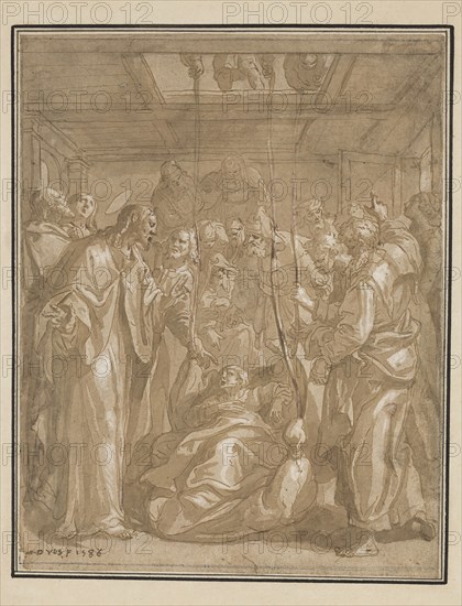 Marten de Vos, Netherlandish, 1532-1603, Christ Healing the Palsied Man, 1586, pen and brown ink and brown wash, heightened with white, on light brown laid paper, Sheet: 7 1/2 × 5 7/8 inches (19.1 × 14.9 cm)