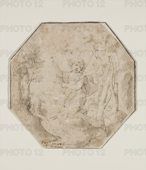 Unknown (Italian), Infant Saint John the Baptist, late 16th and early 17th century, pen and brown ink and gray-brown wash over black chalk on buff laid paper, Sheet (octagonal): 7 inches × 7 1/16 inches (17.8 × 17.9 cm)