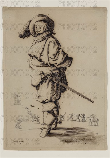 Unknown (French), after Jacques Callot, French, 1592-1635, Gentleman with a Fur Plastron, ca. 1800, pen and black ink on buff wove paper, Sheet: 7 3/16 × 5 1/4 inches (18.3 × 13.3 cm)