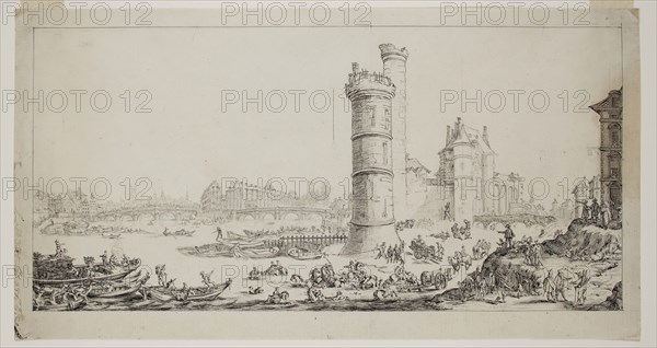 Unknown (French), after Jacques Callot, French, 1592-1635, View of the Pont Neuf, between 1678 and 1700, pen and black ink over graphite on off-white laid paper, Sheet: 7 5/16 × 14 1/16 inches (18.6 × 35.7 cm)