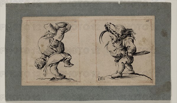 Unknown (French), after Jacques Callot, French, 1592-1635, Two Grotesque Figures, 1675, brush and black ink, with border of red chalk, on buff laid paper, Sheet: 3 5/16 × 6 7/16 inches (8.4 × 16.4 cm)