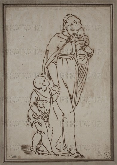 Unknown (Italian), after Luca Cambiaso, Italian, 1527-1585, Virgin, Infant Jesus and St. John, ca. 1570, pen and brown ink over graphite on cream laid paper, Sheet: 13 3/8 × 9 3/16 inches (34 × 23.3 cm)