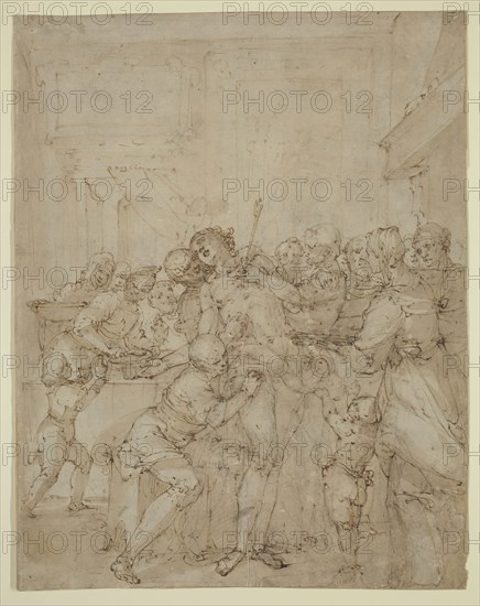 attributed to Giulio Benso, Italian, 1601-1668, St. Sebastian Ministered to by Saint Irene and Attendants, between 1630 and 1639, pen and brown ink with pale brown wash over black chalk on beige laid paper, Sheet: 14 15/16 × 11 13/16 inches (37.9 × 30 cm)