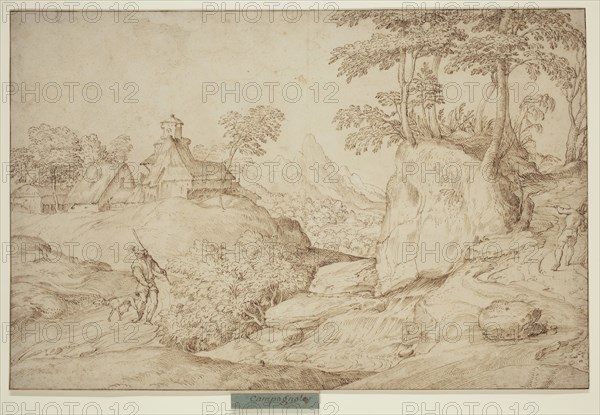 attributed to Domenico Campagnola, Italian, 1500-1564, Two Huntsmen in a Wooded, Rocky Landscape with a Group of Buildings in the Middle Distance, ca. between 1530 and 1539, pen and brown ink on cream laid paper, Sheet: 10 × 15 1/8 inches (25.4 × 38.4 cm)