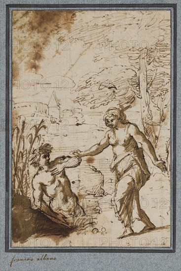 circle of Francesco Albani, Italian, 1578-1660, Pan and Syrinx, early 17th century, pen and brown ink and dark ocher wash on cream laid paper, Sheet: 7 1/2 × 5 1/16 inches (19.1 × 12.9 cm)
