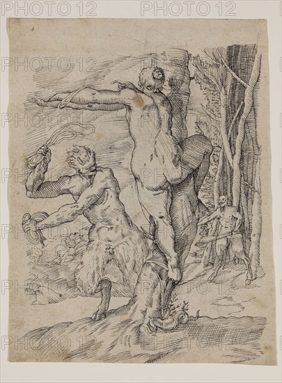 Unknown (Italian), after Agostino Carracci, Italian, 1557-1602, Satyr Chastising a Nymph, 17th century, pen and black ink over a preliminary drawing in graphite on cream antique laid paper, Sheet: 7 1/2 × 5 13/16 inches (19.1 × 14.8 cm)