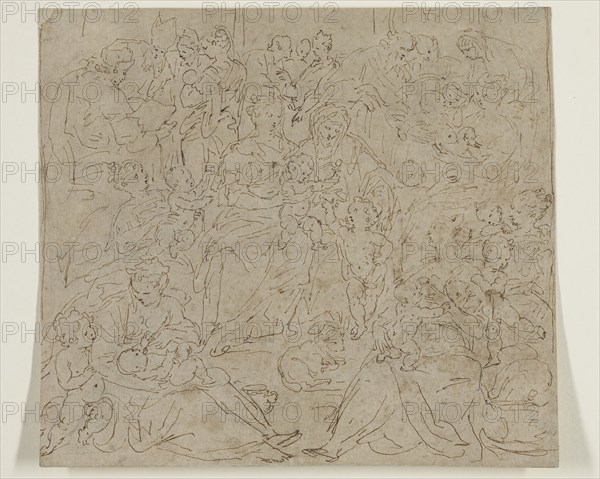 Unknown (Flemish), after Marten de Vos, Netherlandish, 1532-1603, Holy Kinship, 17th century, pen and brown ink over black chalk on discolored laid paper, Sheet: 7 1/2 × 8 1/2 inches (19.1 × 21.6 cm)