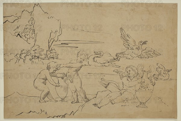 Michel Corneille the Younger, French, 1642-1708, Landscape with Cupids, 17th century, pen and black ink on light brown laid paper, Sheet: 9 3/4 × 14 9/16 inches (24.8 × 37 cm)