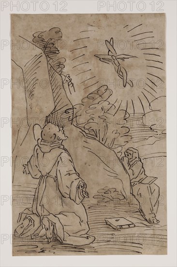 Unknown (Italian), after Luca Cambiaso, Italian, 1527-1585, Saint Francis Receiving the Stigmata, between 1570 and 1580, pen and brown ink over traces of black chalk on buff laid paper, Sheet: 12 7/16 × 8 inches (31.6 × 20.3 cm)