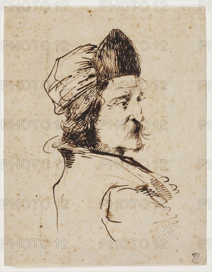 Unknown (Italian), Head of a Man Wearing a Cap, ca. 1650, gouache and watercolor with pen and black and brown ink over a preliminary drawing in graphite, with a decorative border of pen and black ink, on buff antique laid paper, Sheet: 9 3/16 × 12 3/16 inches (23.3 × 31 cm)