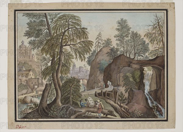 Felix Cavalli, Italian, Fantastic Landscape with Peddlars, 1793, gouache and watercolor with pen and black and brown ink over a preliminary drawing in graphite, with a decorative border of pen and black ink, on buff antique laid paper, Sheet: 9 3/16 × 12 3/16 inches (23.3 × 31 cm)