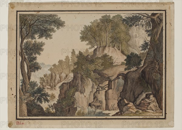 Felix Cavalli, Italian, Fantastic Landscape with a Hermit, 1793, watercolor with pen and black and brown ink over a preliminary drawing in graphite, with a decorative border of pen and black ink, on buff antique laid paper, Sheet: 9 3/8 × 12 5/16 inches (23.8 × 31.3 cm)