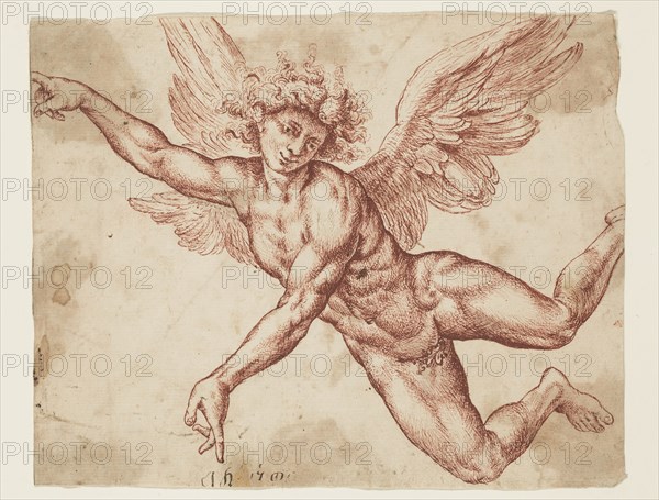 Unknown (Dutch), after Jan de Bisschop, Dutch, 1628-1671, Flying Angel, 17th century, pen and sienna and brown ink on cream laid paper, Sheet: 6 1/2 × 8 1/8 inches (16.5 × 20.6 cm)