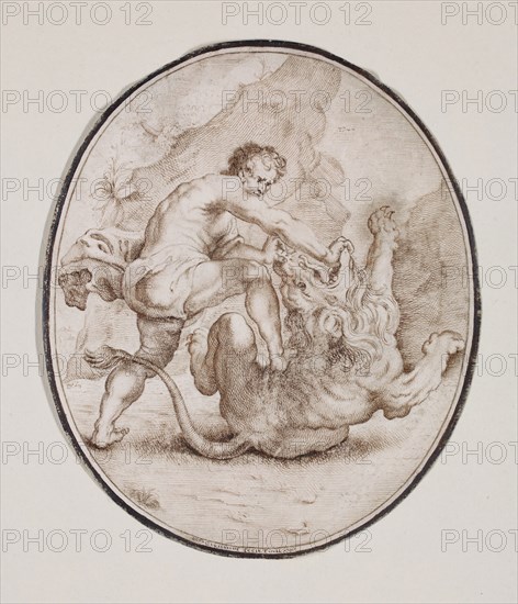 Felix Cignani, Italian, 1660-1724, Hercules Slaying the Nemean Lion, between 1686 and 1724, pen and brown ink on vellum, Sheet: 5 13/16 × 4 15/16 inches (14.8 × 12.5 cm)