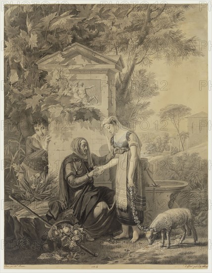 Jean Alexander Allais, French, 1792-1850, The Fortune Teller, 1814, pen and black ink over pencil with gray wash and white gouache on tan wove paper, Sheet: 19 × 14 5/8 inches (48.3 × 37.1 cm)