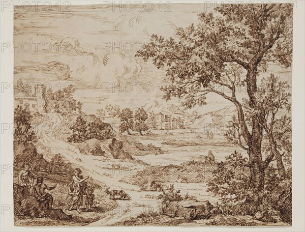 school of Claude Gellée, French, 1600-1682, Pastoral Landscape with Figures, ca. between 1650 and 1675, pen and brown ink on cream laid paper, Sheet: 7 11/16 × 9 11/16 inches (19.5 × 24.6 cm)