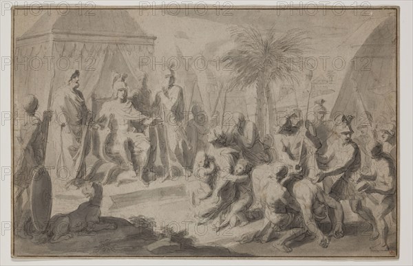 François Verdier, French, 1651-1730, The Family of Darius Before Alexander, between 1651 and 1730, black chalk with gray wash on cream laid paper, Sheet: 7 3/8 × 11 1/4 inches (18.7 × 28.6 cm)