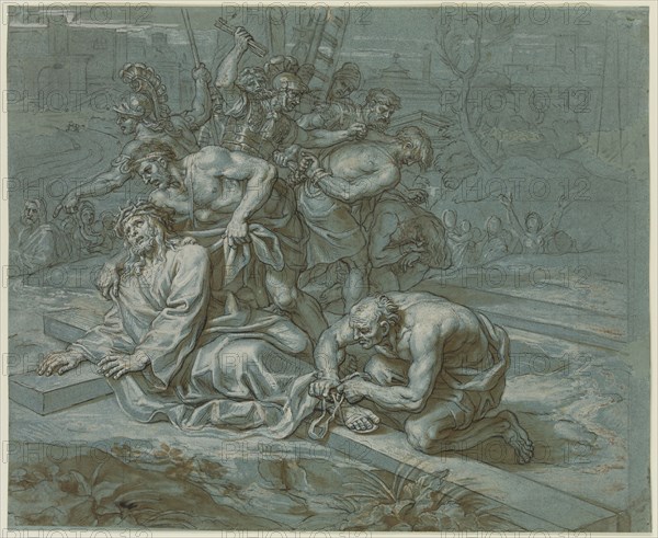 Michel Corneille the Younger, French, 1642-1708, Christ Disrobed on the Cross, ca. 1680, pen and brush in brown ink over black chalk and graphite with white heightenting on blue wove paper, Sheet: 13 7/16 × 16 7/16 inches (34.1 × 41.8 cm)
