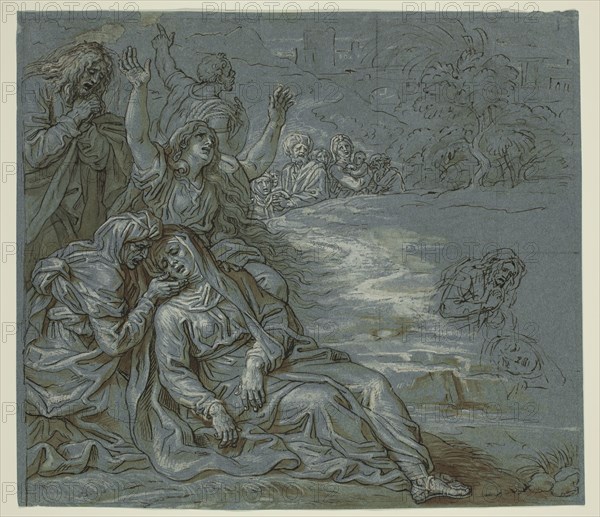 Michel Corneille the Younger, French, 1642-1708, Lamentation, ca. 1680, pen and dark brown ink and brown wash with white over graphite grid, on blue antique laid paper, Sheet: 10 11/16 × 12 1/4 inches (27.1 × 31.1 cm)