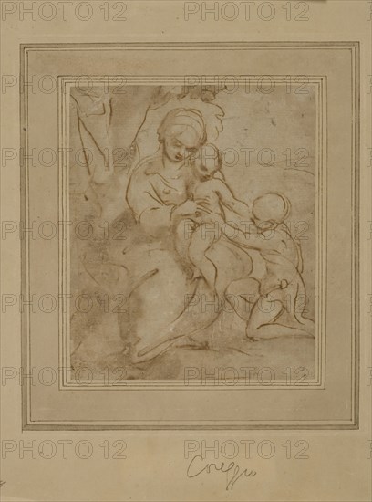 attributed to Bartolomeo Schidone, Italian, 1578-1615, Virgin and Child with Saint John, between 1610 and 1615, pen and brown ink and brown wash on dark buff laid paper, Sheet: 6 1/8 × 5 1/8 inches (15.6 × 13 cm)