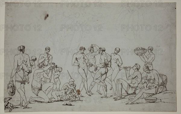 Unknown (French), Nude Savages Dancing, between 1790 and 1814, pen and brown ink over graphite pencil on pale blue laid paper mounted on light brown paper, Sheet: 9 15/16 × 15 5/8 inches (25.2 × 39.7 cm)