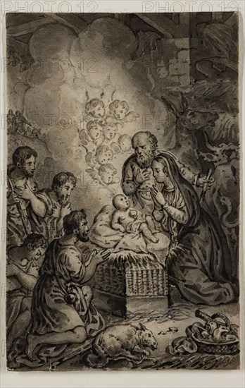 Alexandre Joseph Desenne, French, 1785-1827, Adoration of the Shepherds, early 19th century, pen and brush, black ink and wash on thin cream wove paper, fully mounted on a sheet of heavier cream laid paper, Sheet: 3 1/4 × 2 1/8 inches (8.3 × 5.4 cm)