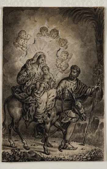 Alexandre Joseph Desenne, French, 1785-1827, Flight into Egypt, early 19th century, pen and brush, black ink and wash heightened with white on thin cream wove paper fully mounted to cream laid paper, Sheet: 3 1/4 × 2 1/8 inches (8.3 × 5.4 cm)