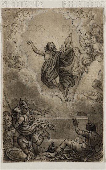 Alexandre Joseph Desenne, French, 1785-1827, Resurrection of Christ, early 19th century, pen and brush, black ink and wash, heightened with white on thin cream wove paper, Sheet: 3 1/8 × 2 inches (7.9 × 5.1 cm)
