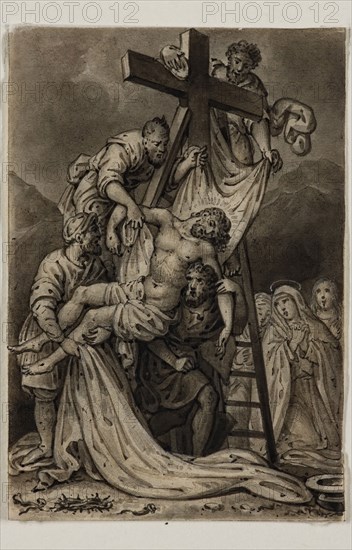Alexandre Joseph Desenne, French, 1785-1827, Descent from the Cross, early 19th century, pen and brush, black ink and wash heightened with white on thin cream wove paper, Sheet: 3 1/8 × 2 1/8 inches (7.9 × 5.4 cm)