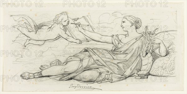 Eugène François Marie Joseph Devéria, French, 1805-1865, Poetry, mid-19th century, graphite pencil on cream wove paper, Image: 5 1/8 × 11 5/8 inches (13 × 29.5 cm)