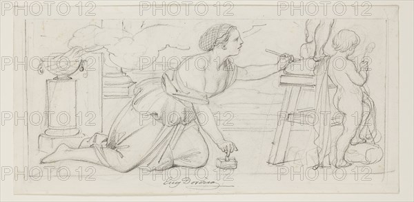 Eugène François Marie Joseph Devéria, French, 1805-1865, Sculpture, mid-19th century, graphite pencil on cream laid paper, Image: 5 1/4 × 12 inches (13.3 × 30.5 cm)