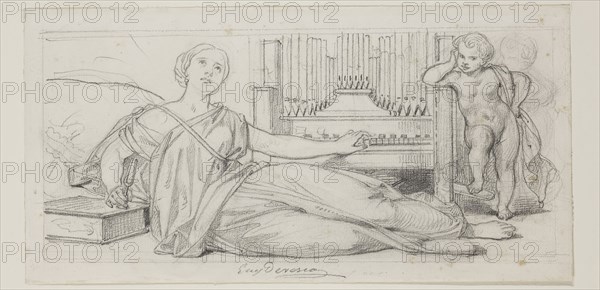 Eugène François Marie Joseph Devéria, French, 1805-1865, Music, mid-19th century, graphite pencil on cream wove paper, Image: 5 1/4 × 11 3/4 inches (13.3 × 29.8 cm)
